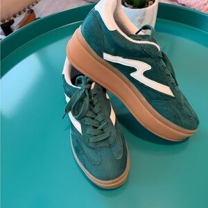 Madden Girl Teal Suede Platform Sneakers with White Stripe and Tan Sole